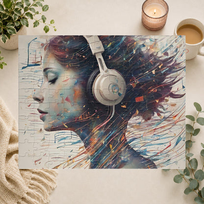 Music and Emotional Resonance - Woman with Headphones Puzzle with Colorful Music Notes and Paint Fragments