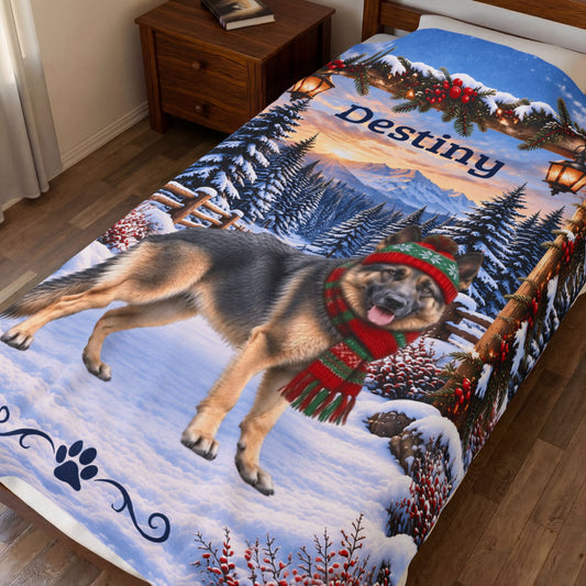 German Shepherd (Blue & Tan Coat) - Personalized Snowy Mountain Blanket, Custom Name Velveteen Throw - MySisterIsAsurvor
