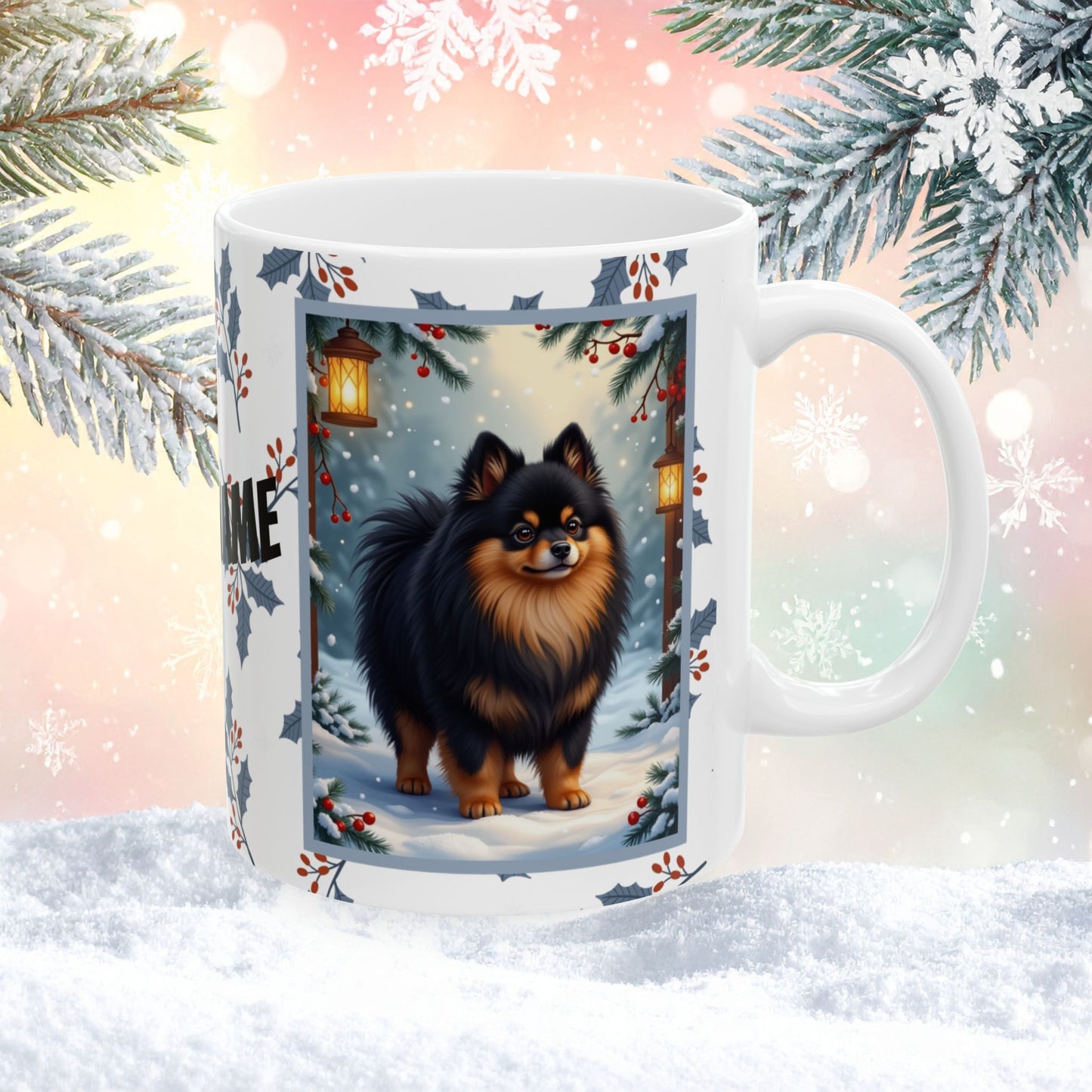 Pomeranian (Black & Tan) Winter Mug - black and tan pomeranian illustrated standing in a winter scene with snowy background