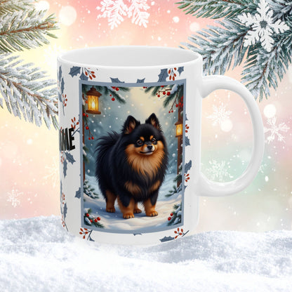 Pomeranian (Black & Tan) Winter Mug - black and tan pomeranian illustrated standing in a winter scene with snowy background