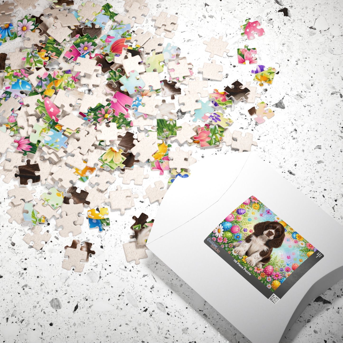 American Cocker Spaniel (Liver & White) Easter Puppy Puzzle - Spring Garden with Eggs, Tulips, and Daisies