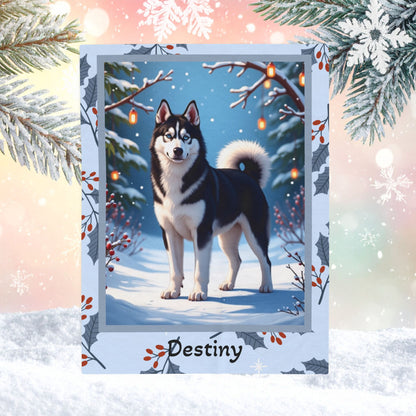 Husky Black and White personalized winter throw with striking Husky artwork and glowing snowy lodge background