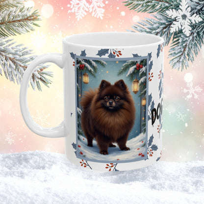Pomeranian (Chocolate) Winter Mug - chocolate pomeranian illustrated standing in a snowy winter scene