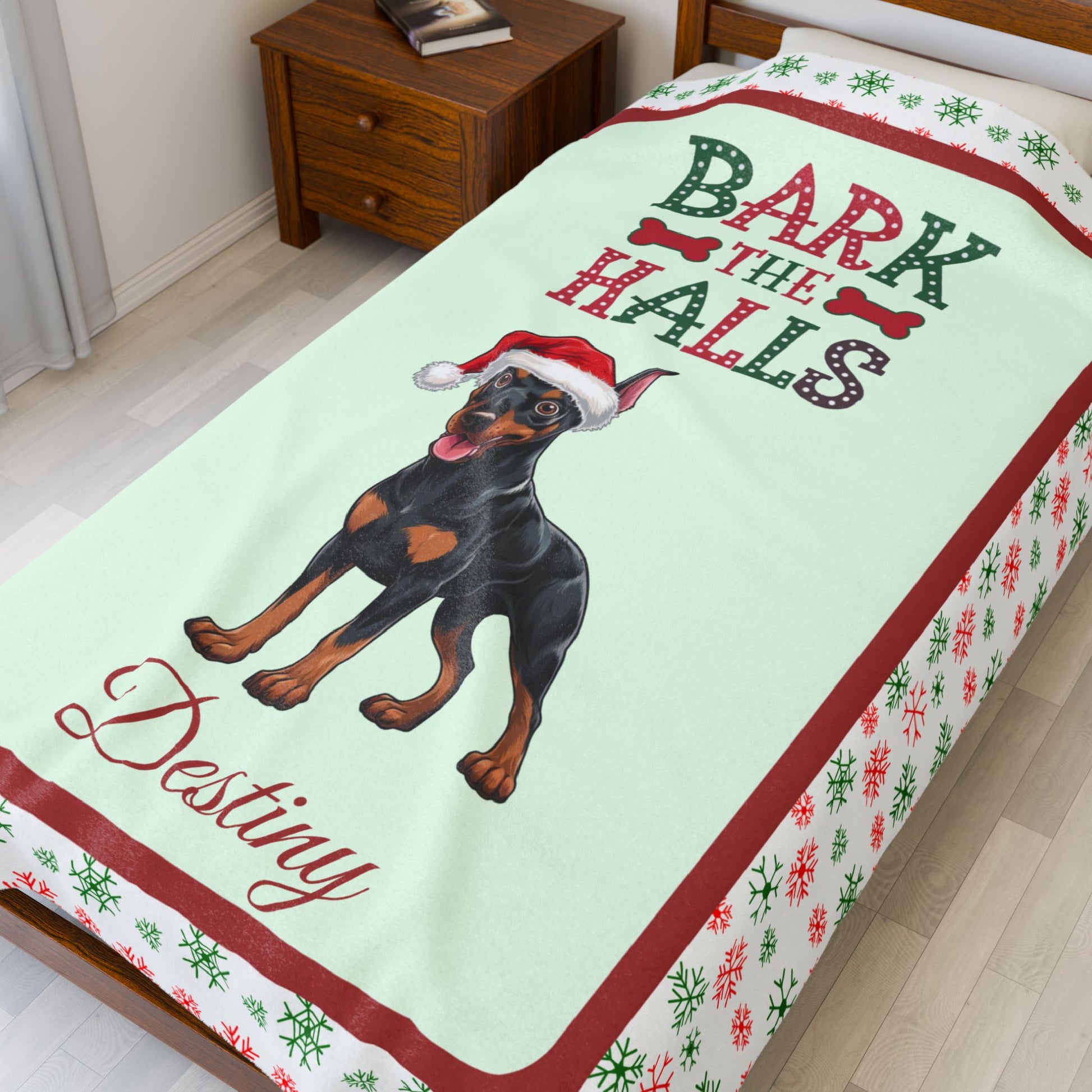 Doberman Pinscher (Black & Rust) Velveteen Blanket - cozy holiday dog throw, personalized gift for Doberman lovers