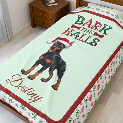 Doberman Pinscher (Black & Rust) Velveteen Blanket - cozy holiday dog throw, personalized gift for Doberman lovers