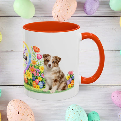 Shop our border collie red merle puppy easter mug featuring the 11oz style option from MySisterIsASurvivor.