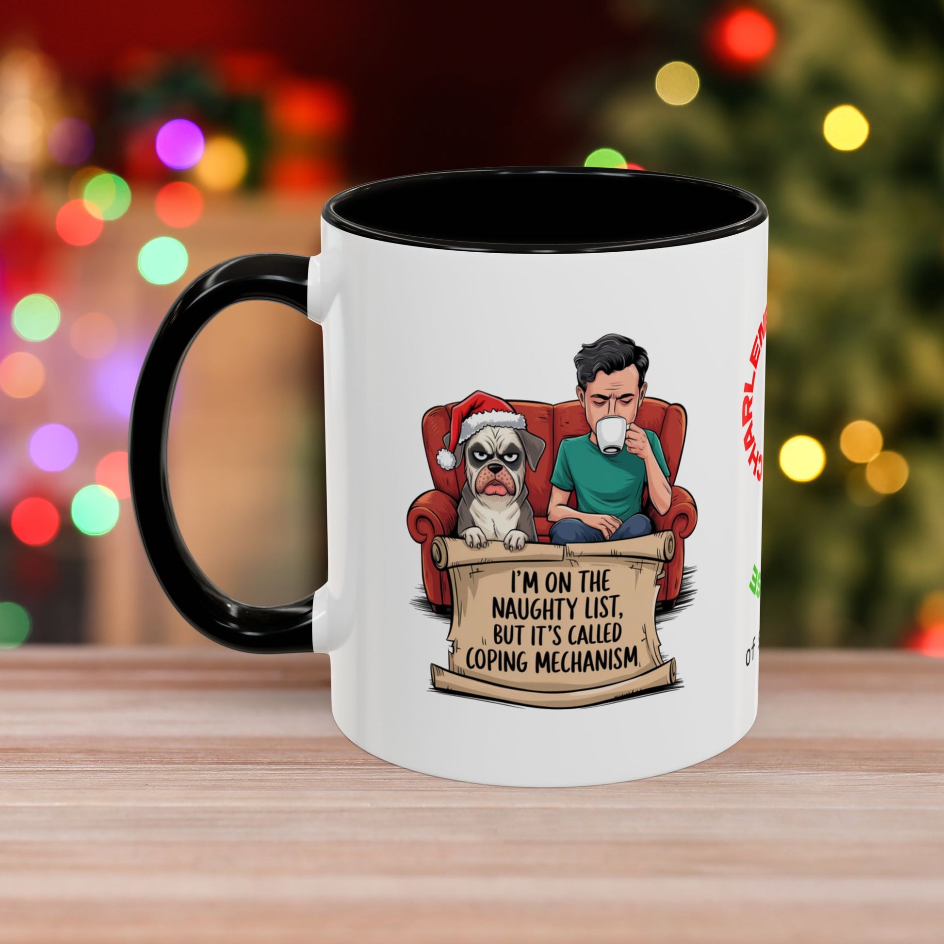 I'm On The Naughty List, But It's Called 'Coping Mechanism' – Christmas Mug with Male and Dog Design and Accent Color