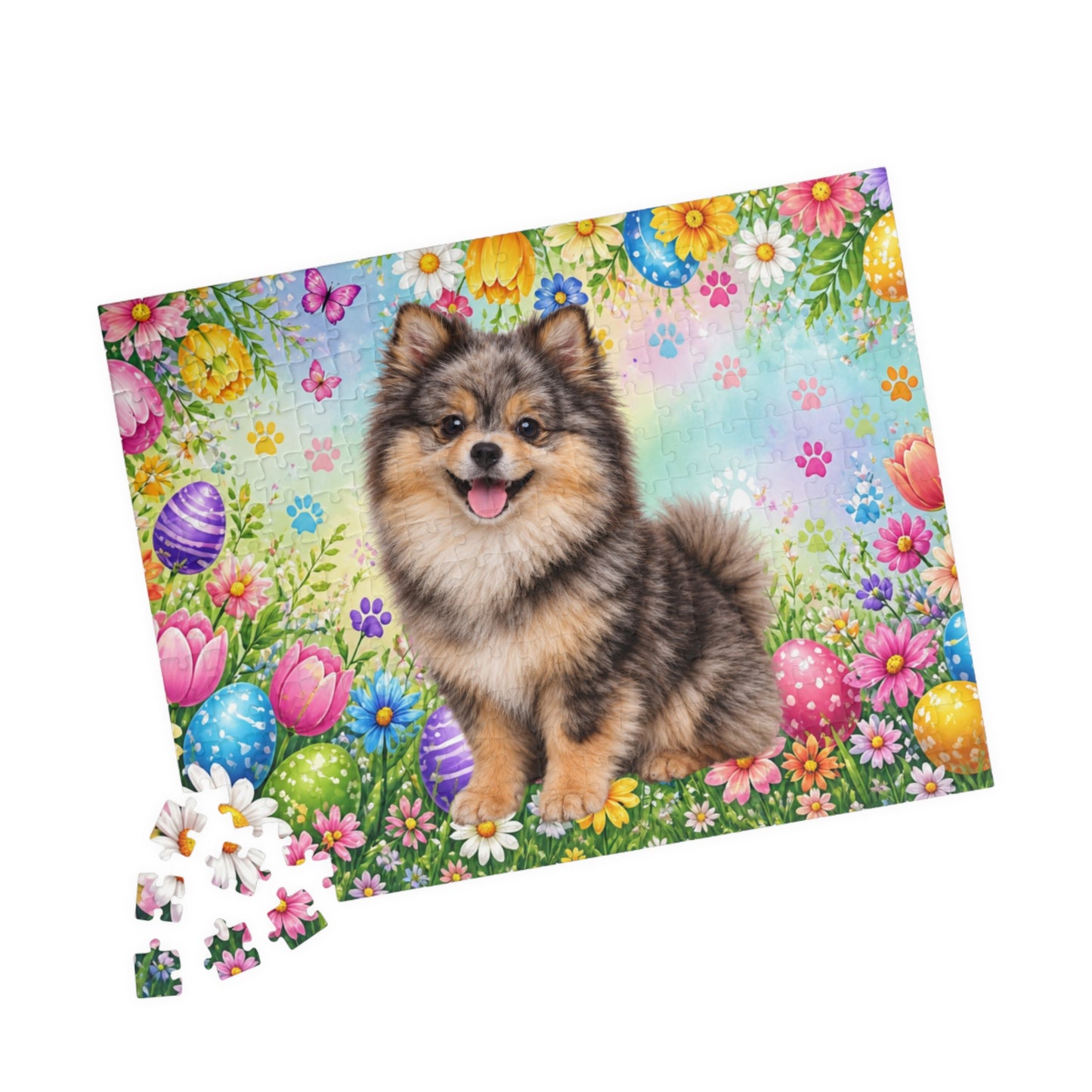 Pomeranian (Chocolate Merle) Easter Puppy Puzzle - Spring Garden with Eggs, Tulips, and Daisies