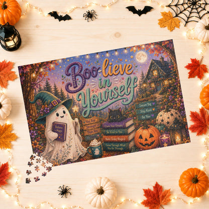 Boo-lieve in Yourself Halloween Puzzle - Ghost with Believe in Magic Book, Black Cat, and Affirmation Books