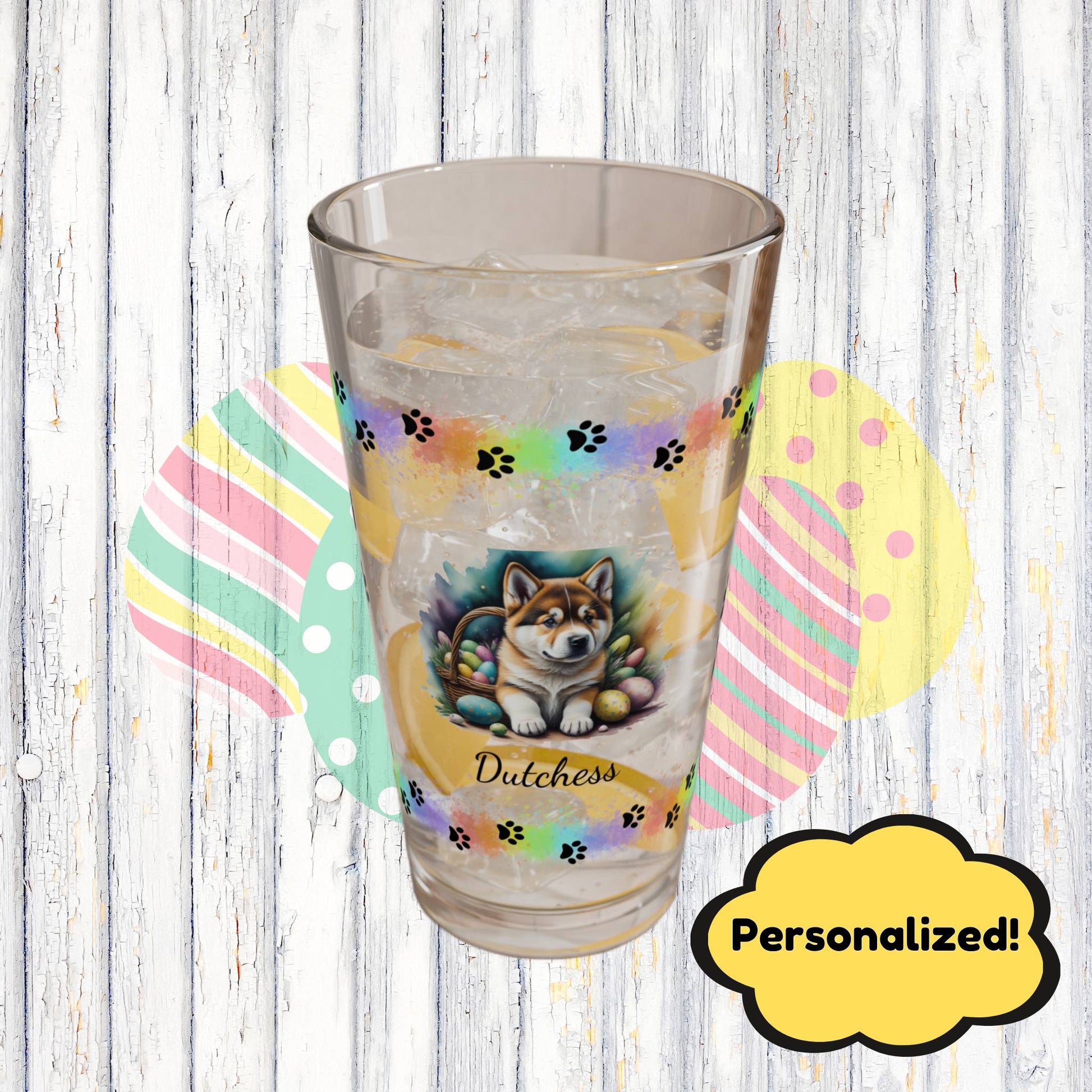 Akita Personalized Easter Puppy 16oz Pint Glass - Custom Dog Design, Mental Health Gift, Easter Décor, and Festive Celebrations