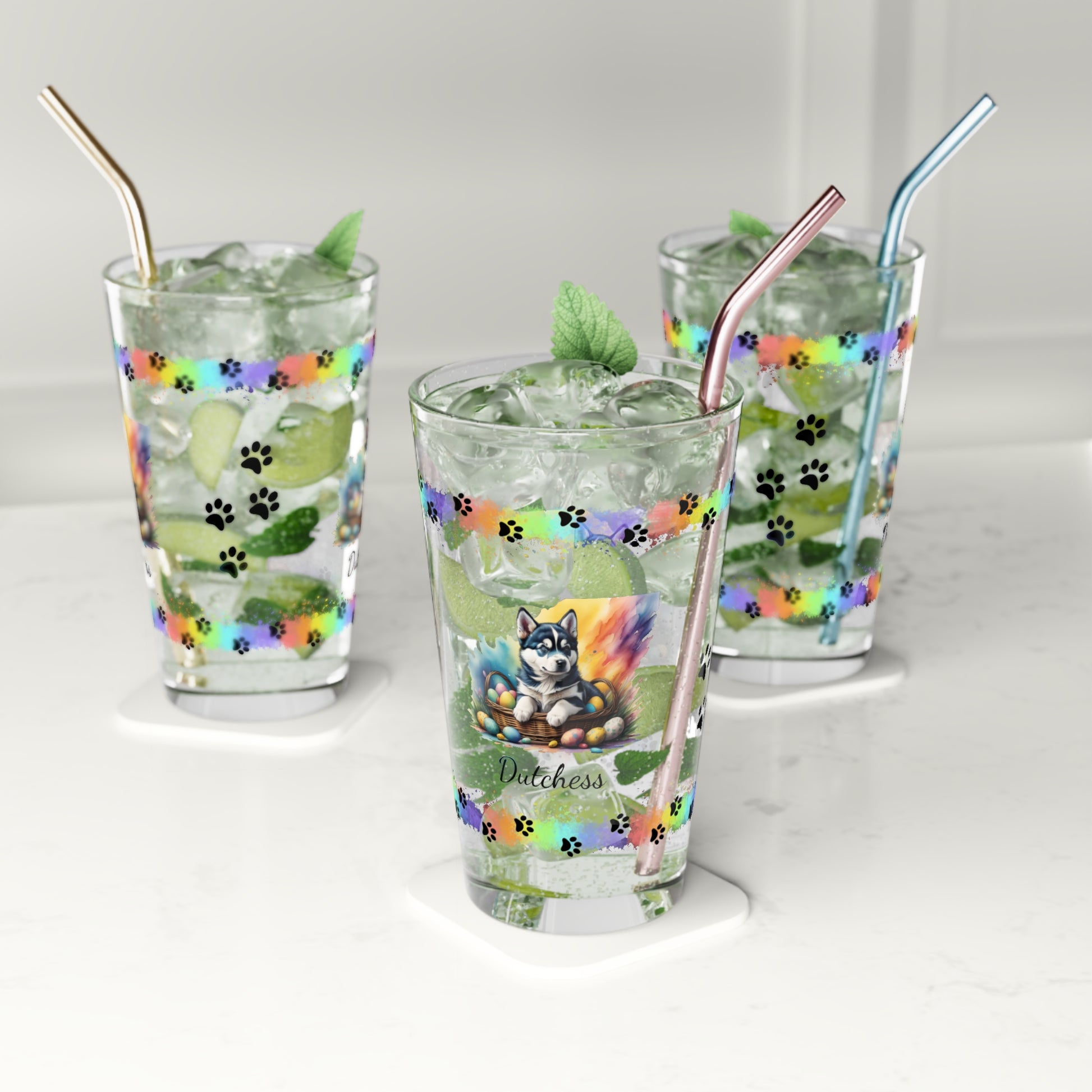 Alaskan Malamute Personalized Easter Puppy 16oz Pint Glass - Custom Dog Design, Mental Health Gift, Easter Décor, and Festive Celebrations