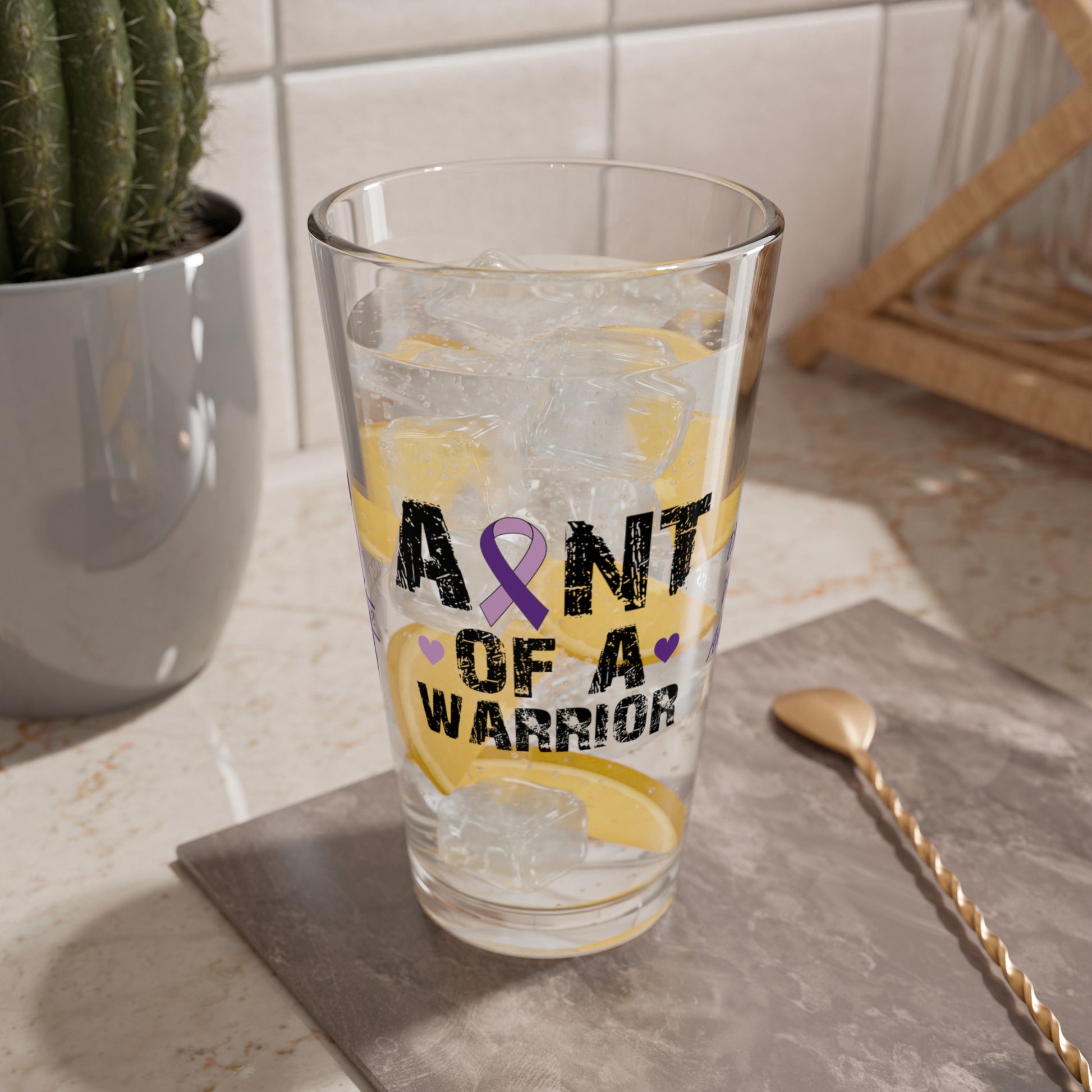 Aunt of a Warrior: Personalized Domestic Violence Awareness Warrior Pint Glass - Proud Family Member