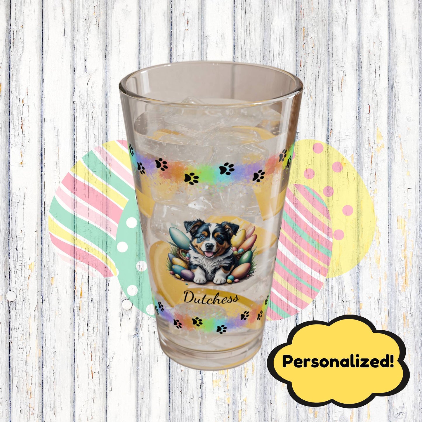 Australian Shepherd Personalized Easter Puppy 16oz Pint Glass - Custom Dog Design, Mental Health Gift, Easter Décor, and Festive Celebrations