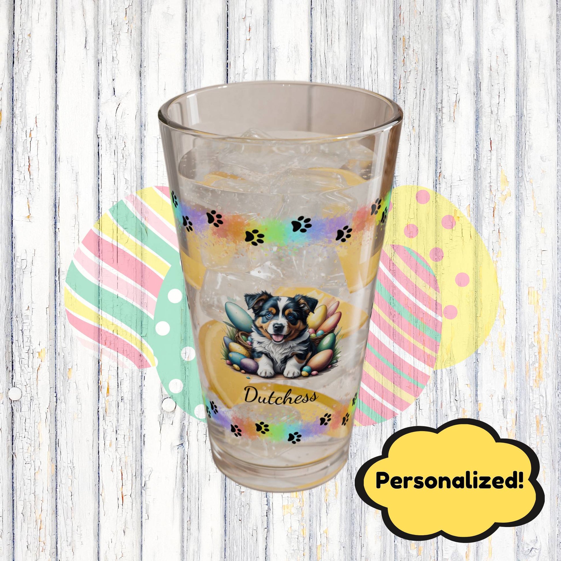 Australian Shepherd Personalized Easter Puppy 16oz Pint Glass - Custom Dog Design, Mental Health Gift, Easter Décor, and Festive Celebrations