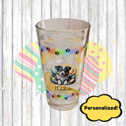 Australian Shepherd Personalized Easter Puppy 16oz Pint Glass - Custom Dog Design, Mental Health Gift, Easter Décor, and Festive Celebrations