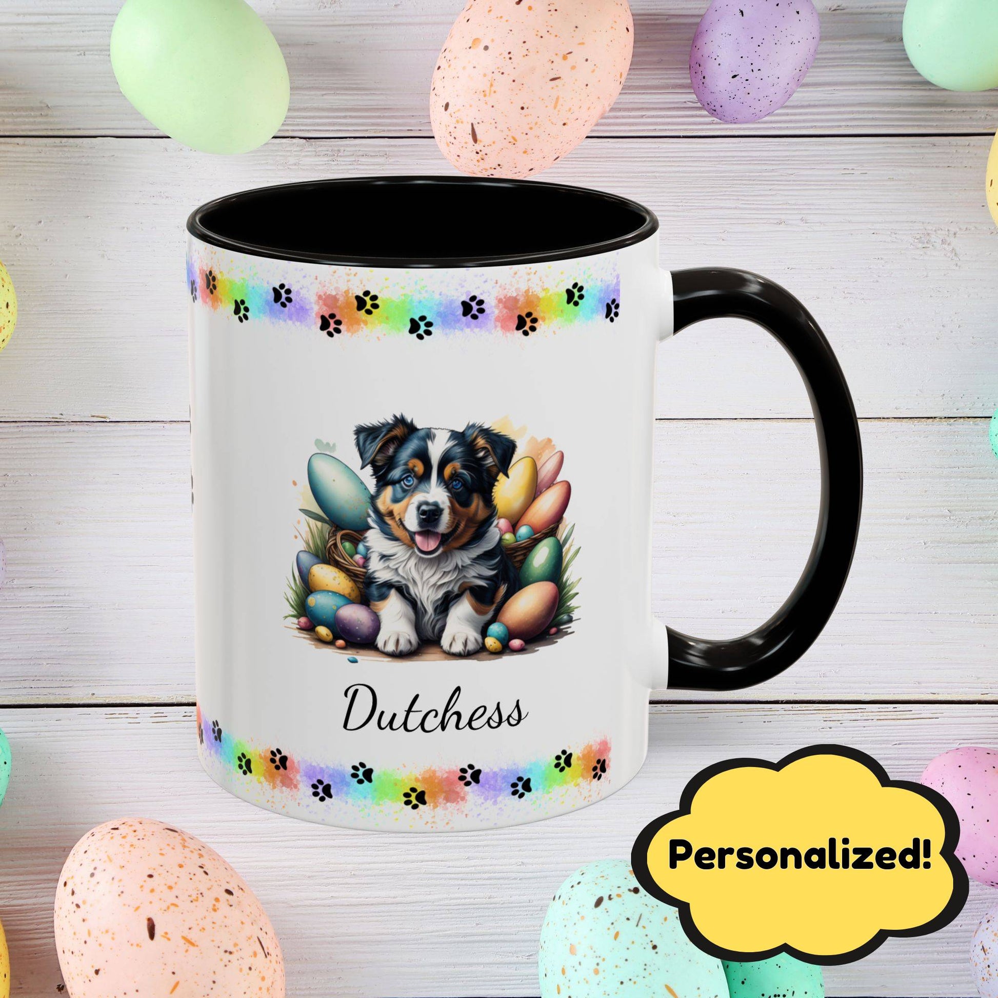 Australian Shepherd: Personalized Easter Puppy Coffee Mug - Adorable Dog Design, Mental Health Gift, 11oz & 15oz, 12 Color Choices, Easter Gifts & Décor