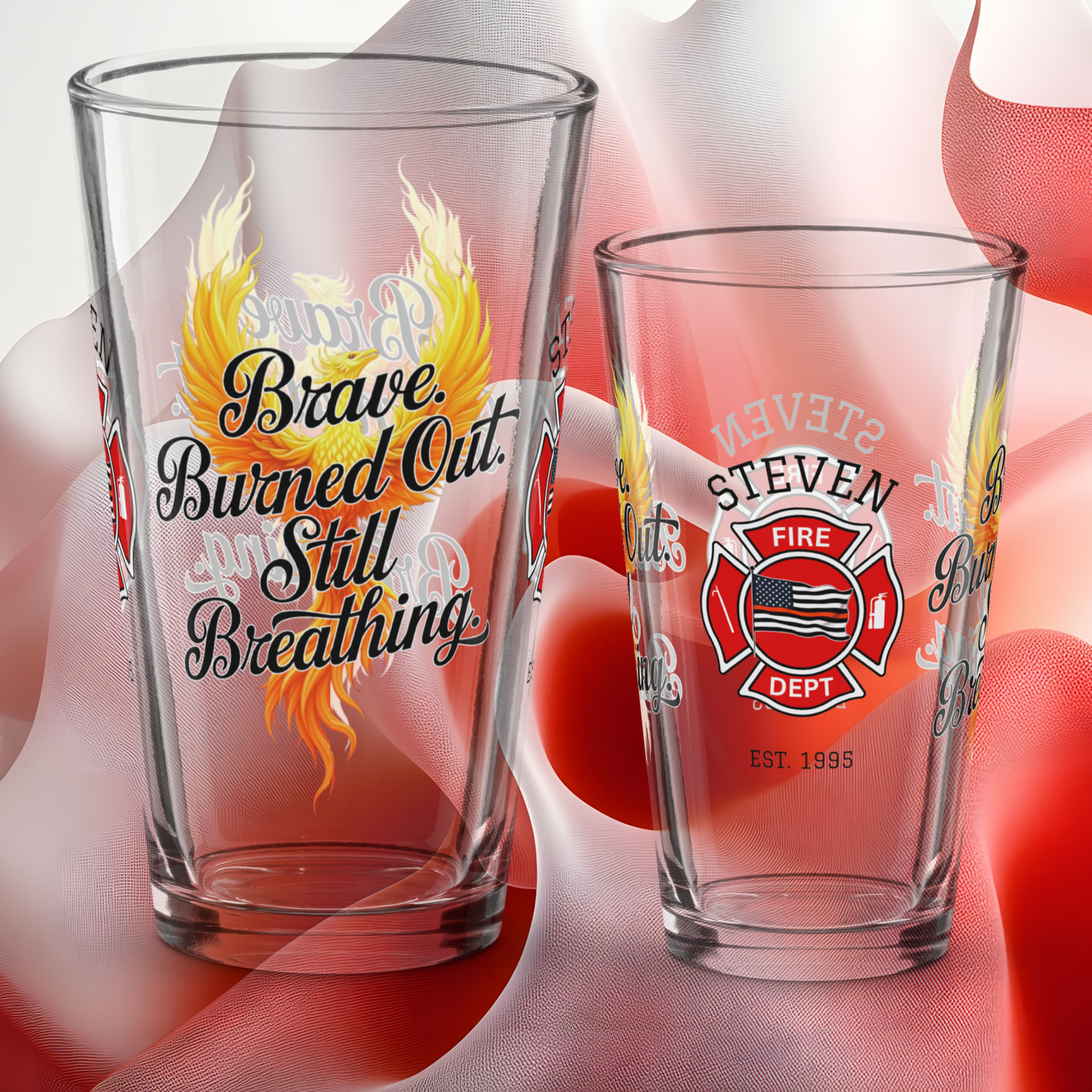 Brave, Burned Out, Still Breathing firefighter pint glass symbolizing resilience and mental health support