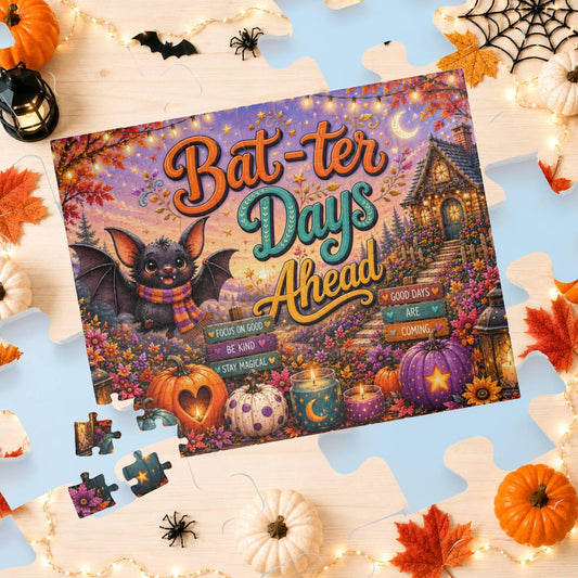 Bat-ter Days Ahead Halloween puzzle featuring cheerful bat artwork, heart pumpkins, and a cozy cottage scene