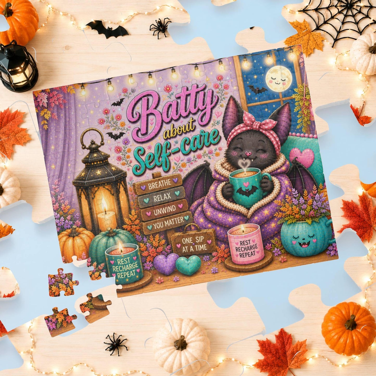 Batty About Self-Care Halloween Puzzle - Cozy Bat with Warm Mug, Blanket, and Rest Recharge Repeat