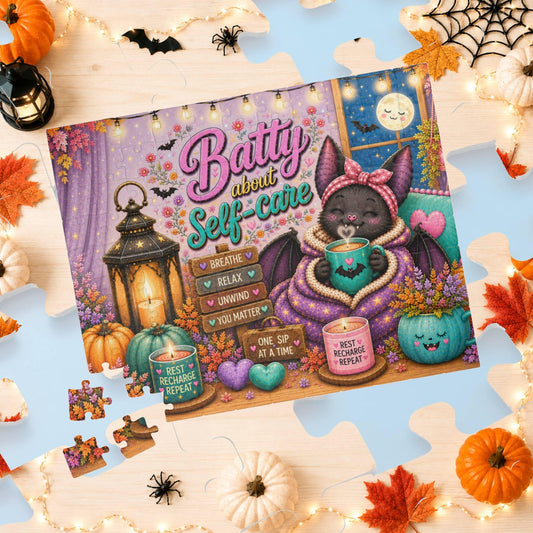 Batty About Self-Care Halloween puzzle with cozy bat, warm mug, blanket, and rest recharge repeat theme