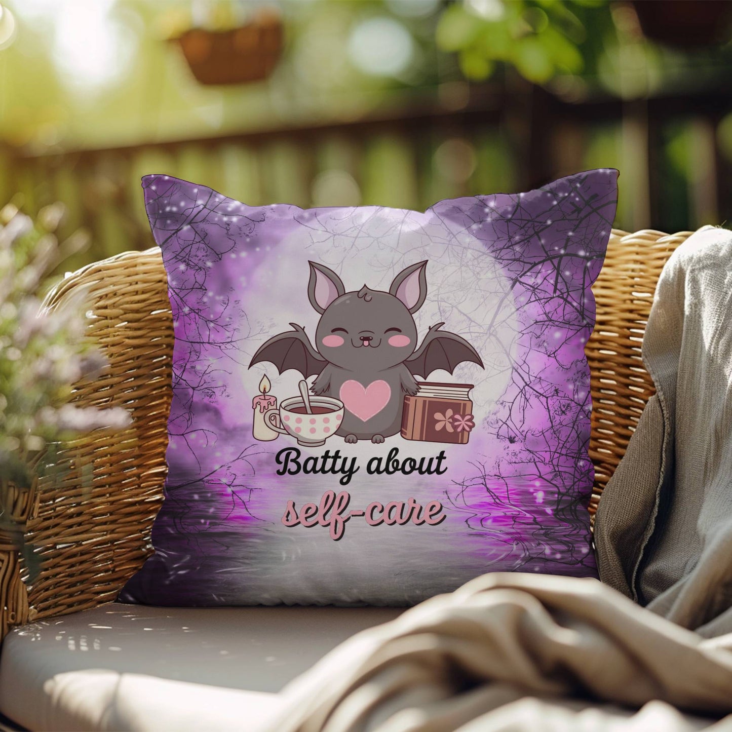 Halloween indoor/outdoor throw pillow with bats and “Batty About Self-Care” for mental health encouragement