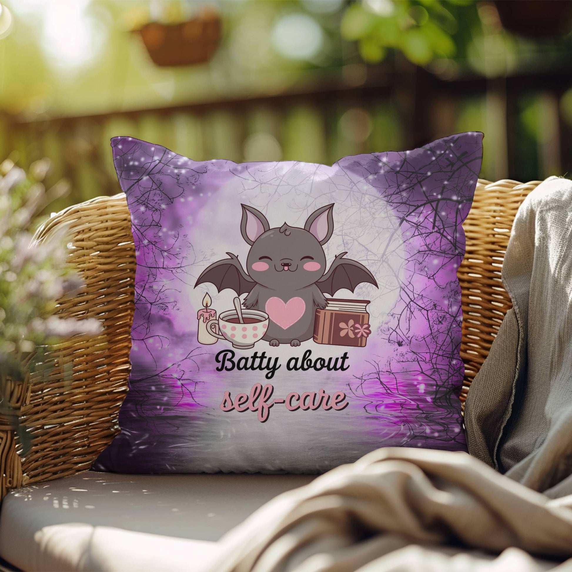 Halloween indoor/outdoor throw pillow with bats and “Batty About Self-Care” for mental health encouragement
