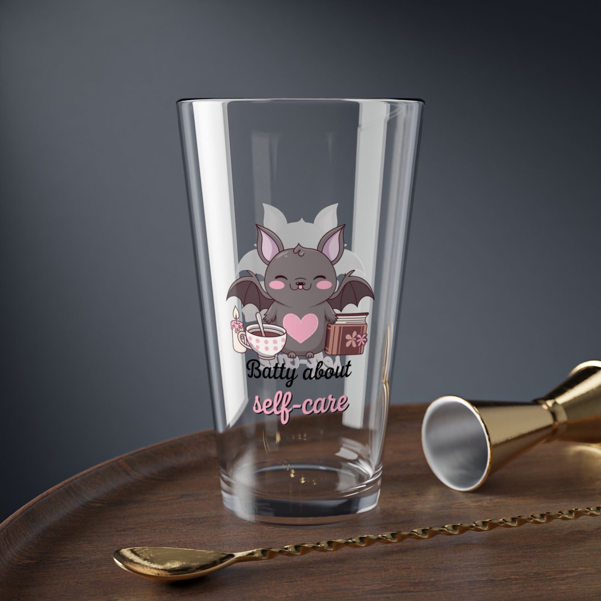 Batty About Self-Care, Halloween Pint Glass, 16oz - Perfect Halloween Party Drinkware