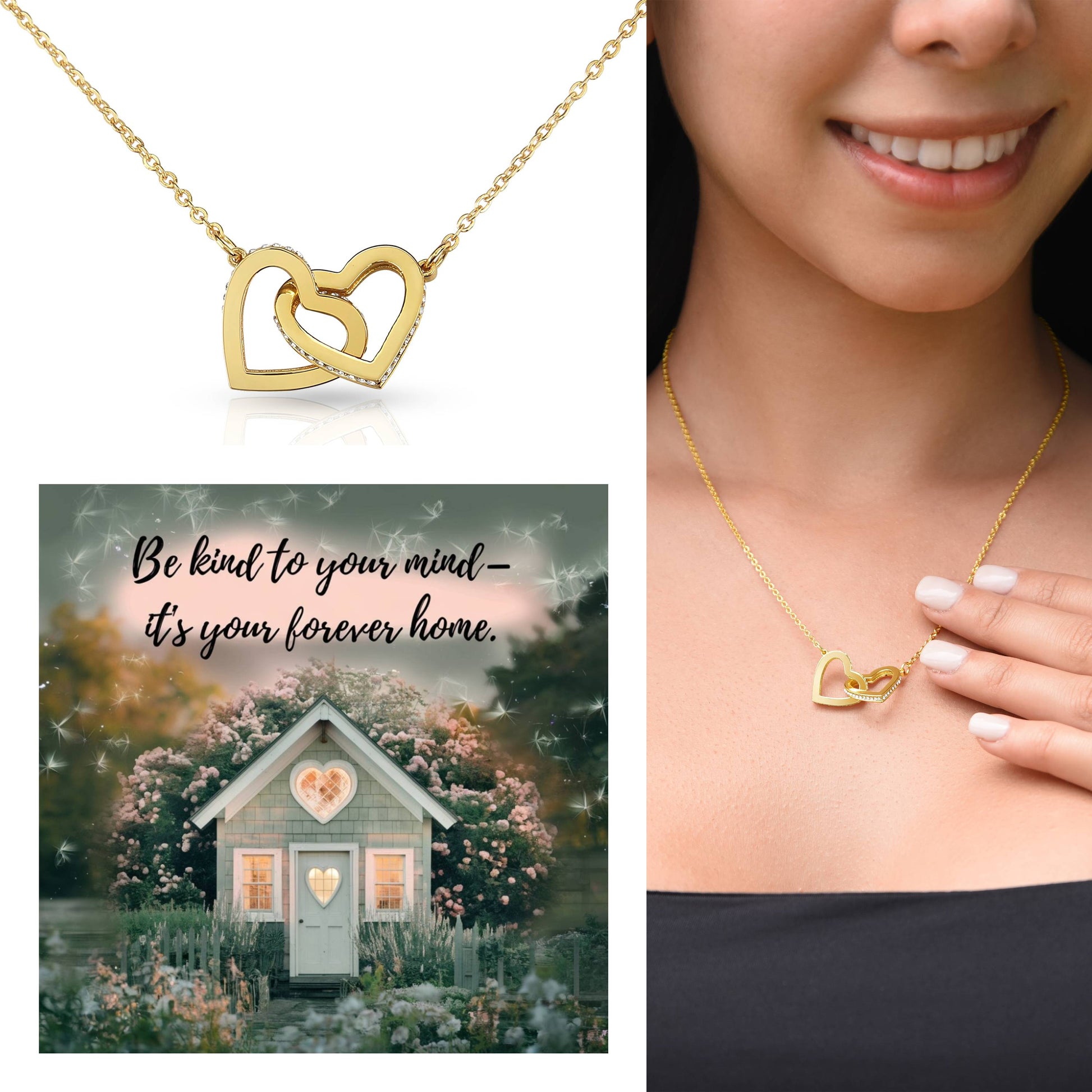 Be Kind To Your Mind - It's Your Forever Home: Interlocking Hearts Necklace - Mental Health Gift, Self-Love, Anxiety, PTSD Support
