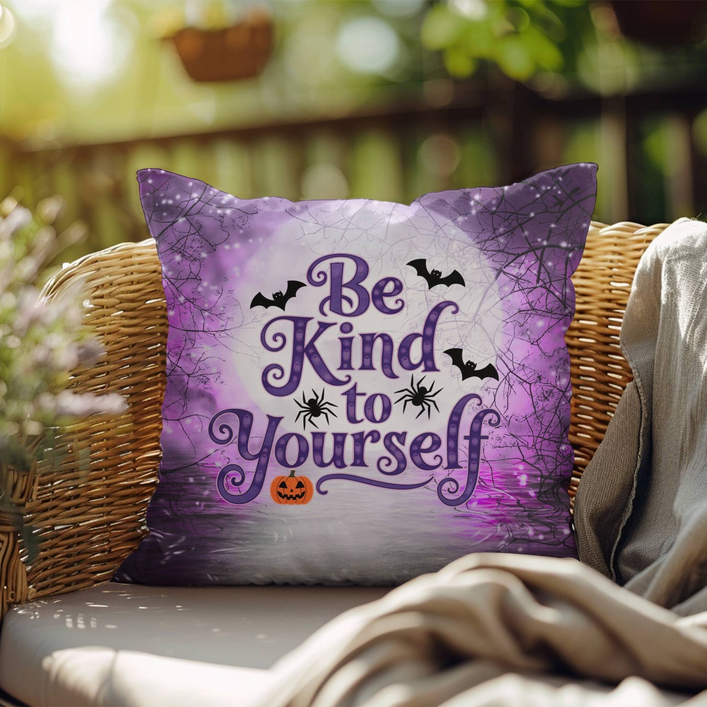 Inspirational Halloween indoor/outdoor pillow featuring “Be Kind To Yourself” for self-care and positivity