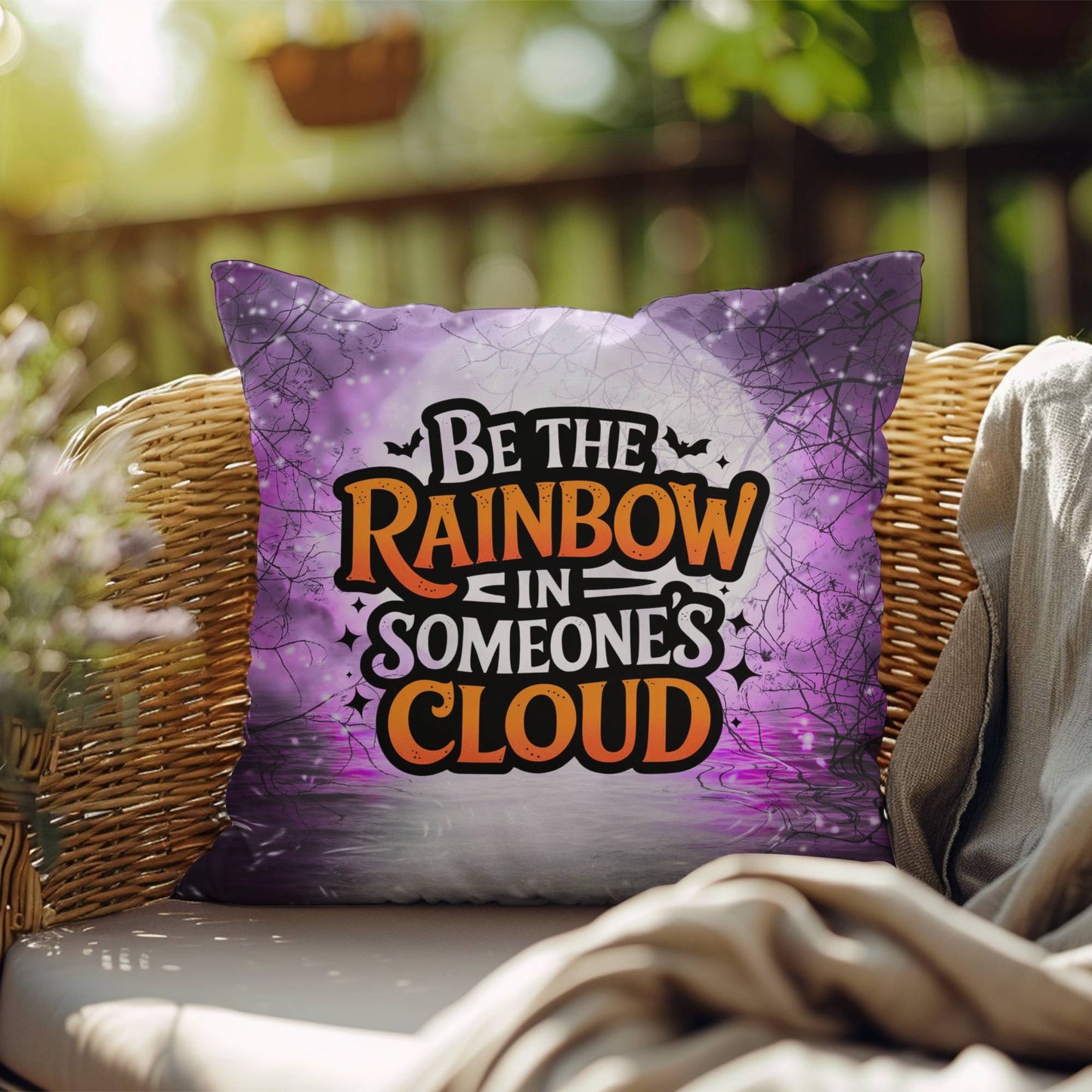 Decorative indoor/outdoor pillow with “Be The Rainbow” affirmation for mental health and cozy fall décor