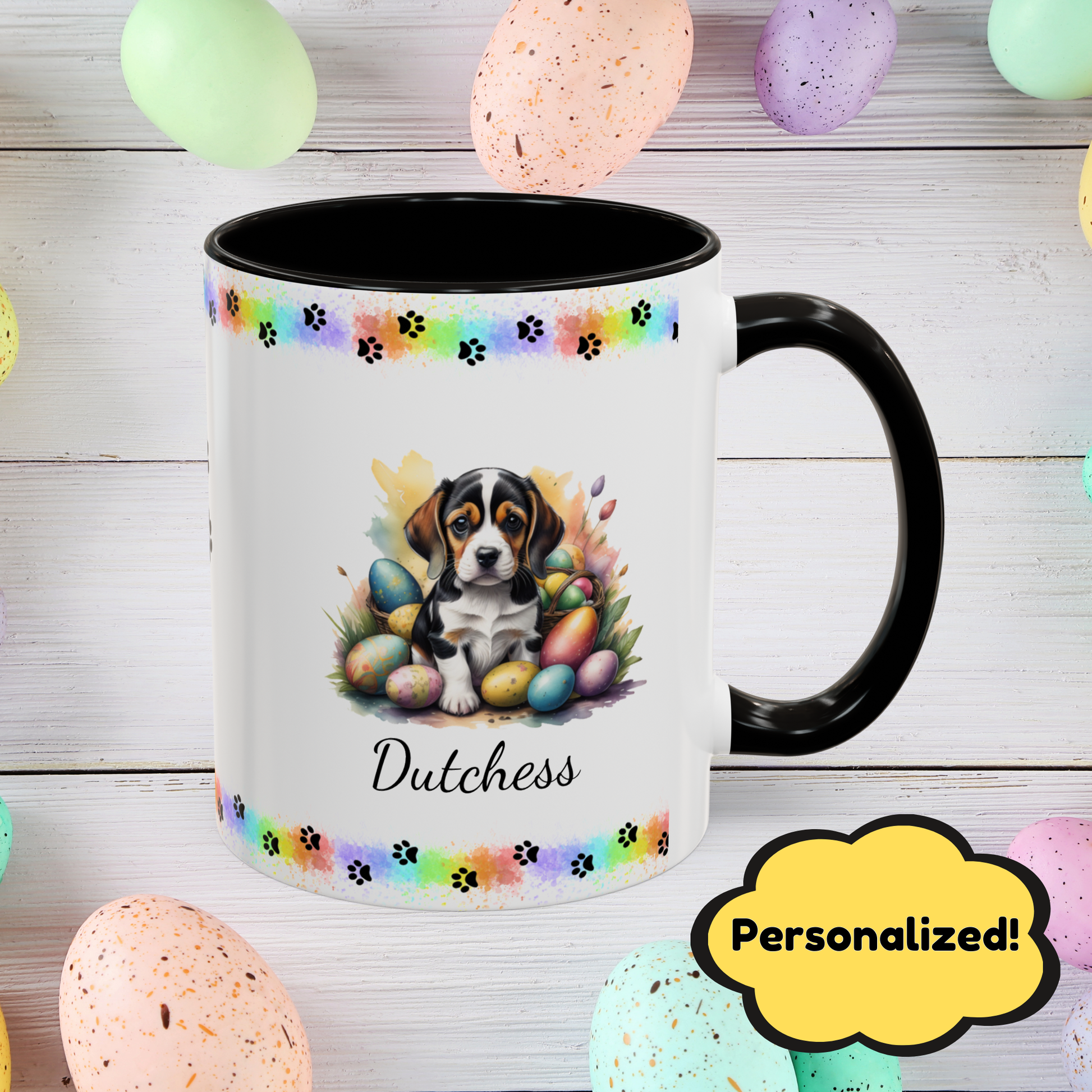 Beagle Easter puppy coffee mug, personalized cute dog gift, ideal for mental health support and cozy mornings