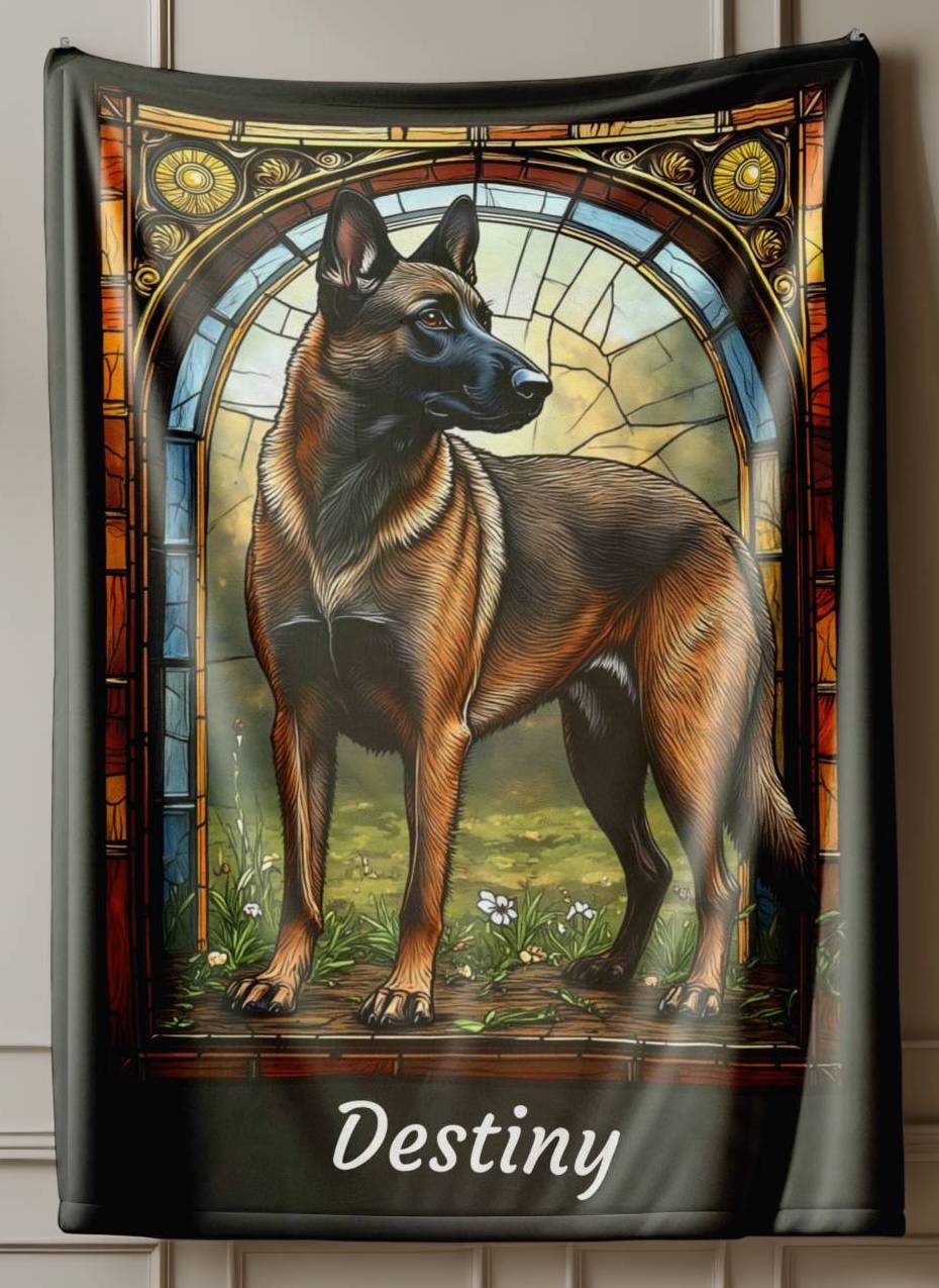 Belgian Malinois (Fawn Sable) Velveteen Plush Stained Glass Dog Blanket, Pet Lover Gift