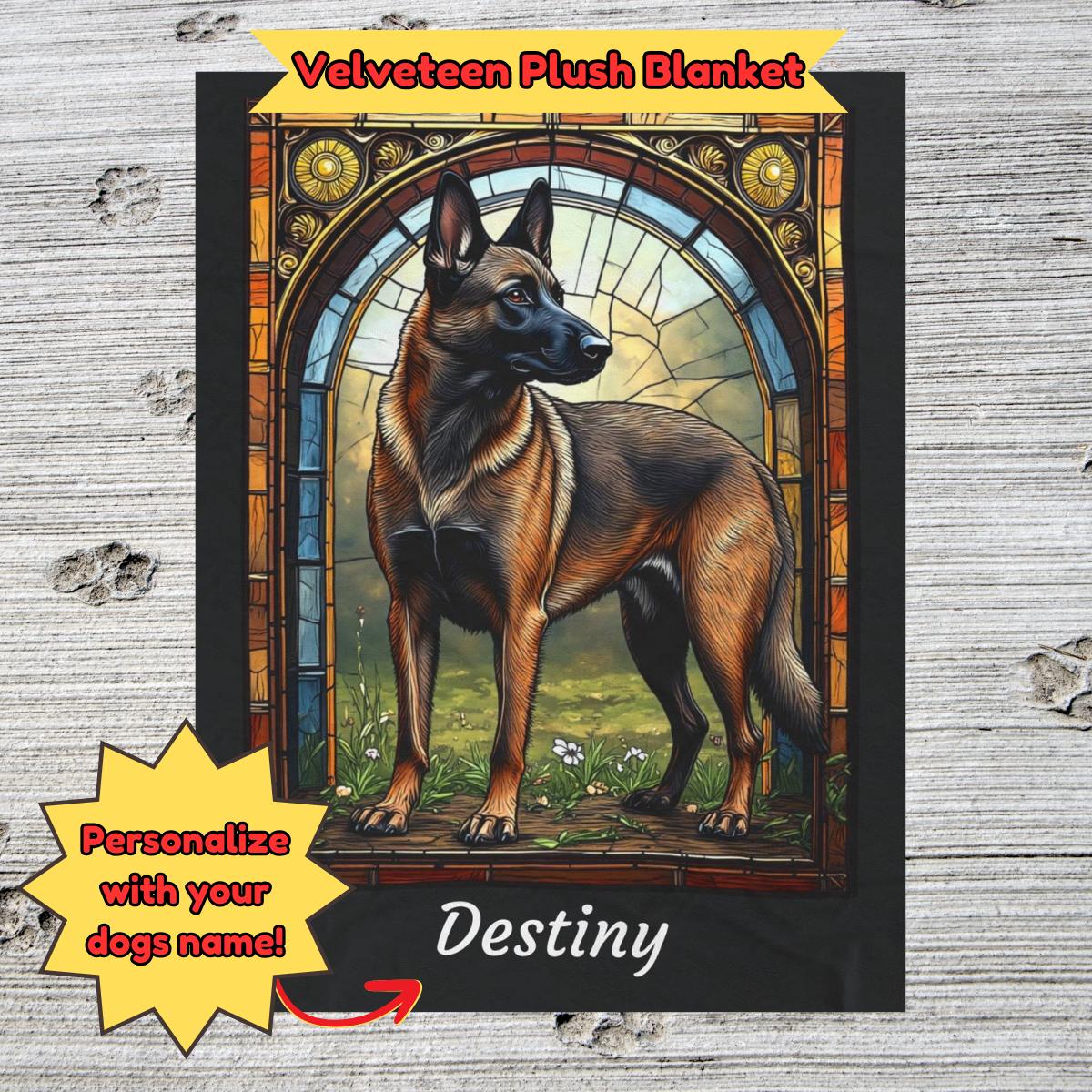 Belgian Malinois (Fawn Sable) Velveteen Plush Stained Glass Dog Blanket, Pet Lover Gift