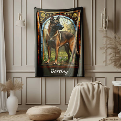 Belgian Malinois (Fawn Sable) Velveteen Plush Stained Glass Dog Blanket, Pet Lover Gift