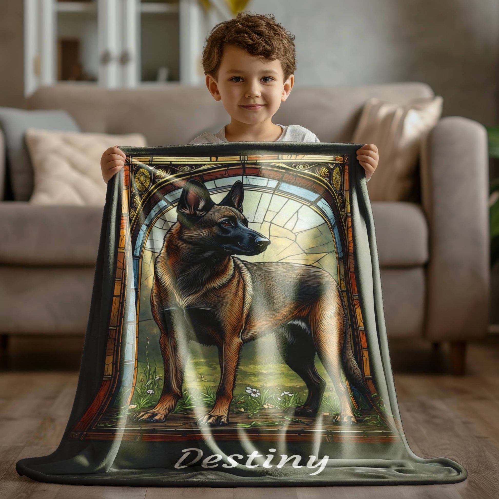 Belgian Malinois (Fawn Sable) Velveteen Plush Stained Glass Dog Blanket, Pet Lover Gift