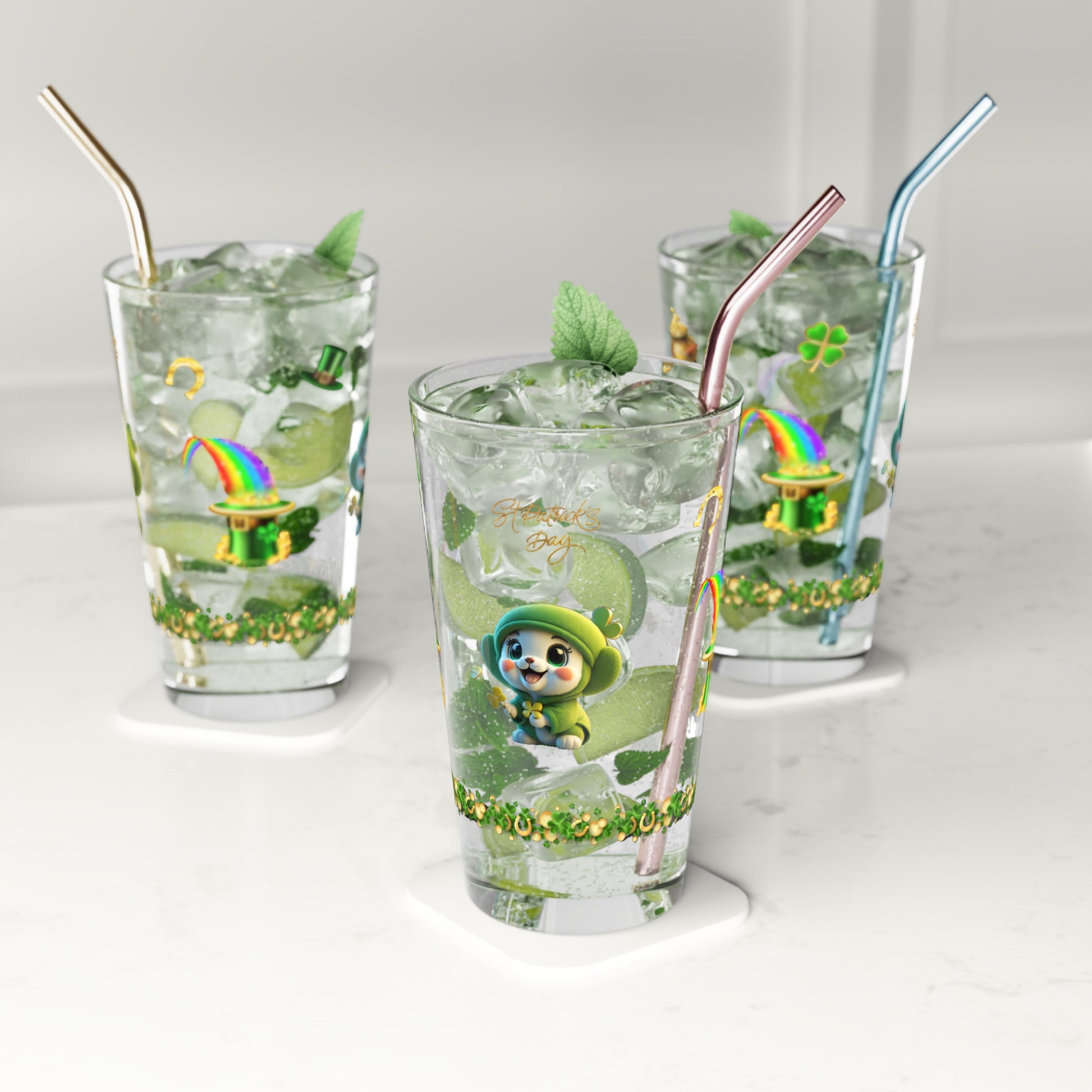 Blissful Blarney Kitten: Mindful St. Patrick's Day 16oz Pint Glasses - Festive Design for Positivity & Wellness