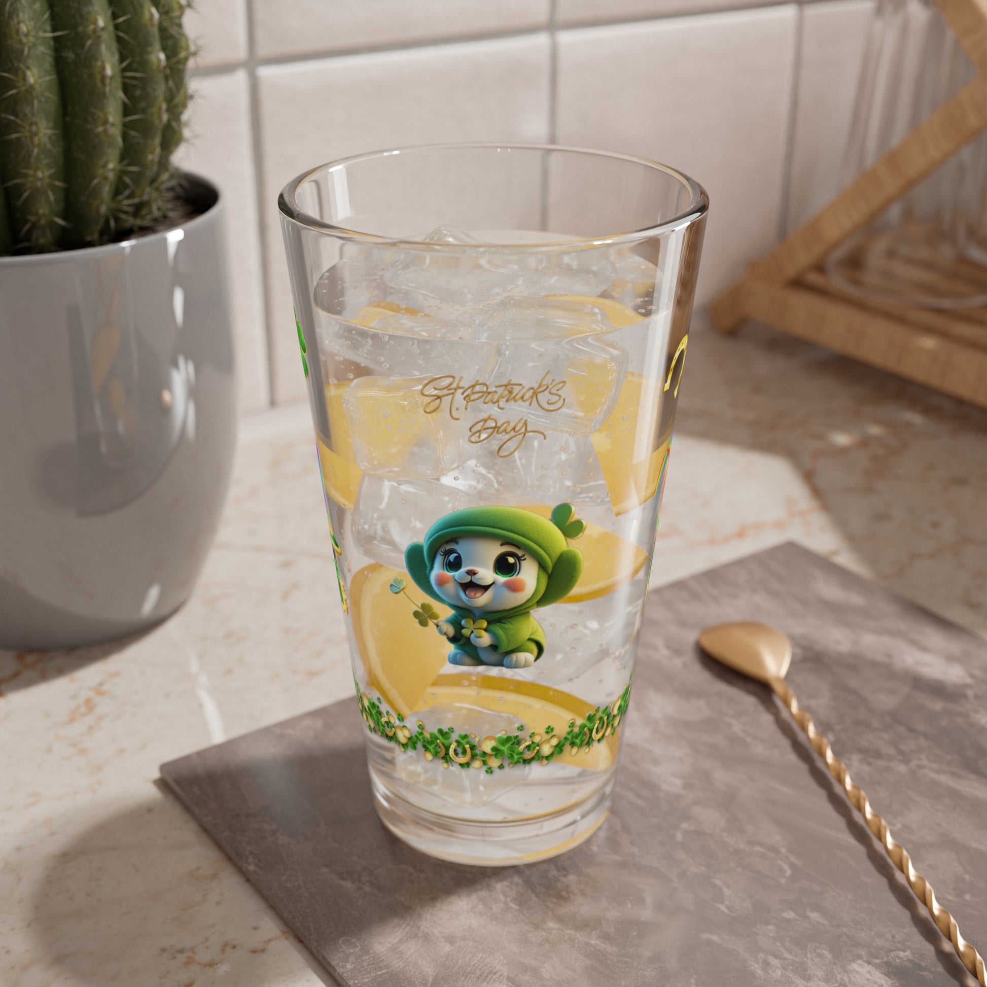 Blissful Blarney Kitten: Mindful St. Patrick's Day 16oz Pint Glasses - Festive Design for Positivity & Wellness
