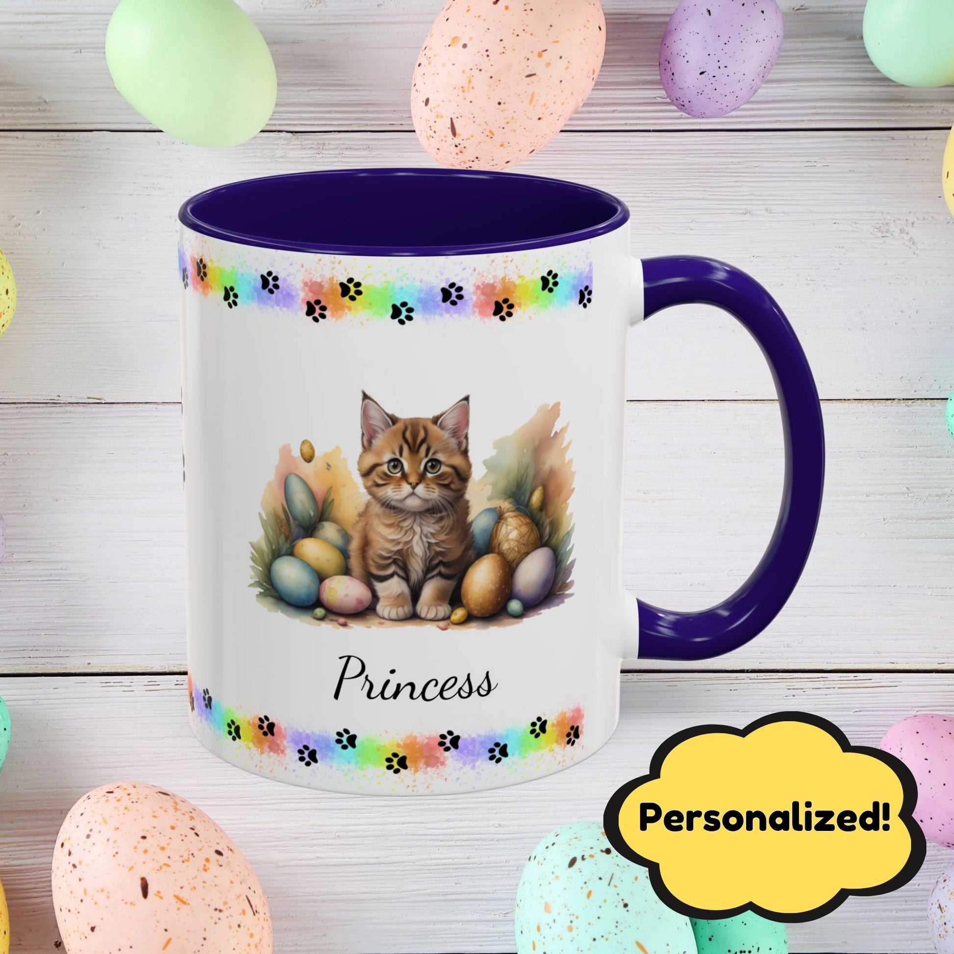Bobtail: Personalized Easter Kitten Coffee Mug - Adorable Cat Design, Mental Health Gift, 11oz & 15oz, 12 Color Choices, Easter Gifts & Décor