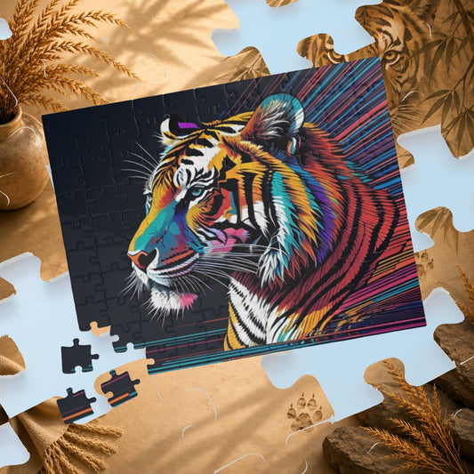 Bold Strides - Neon Tiger Side Profile Jigsaw Puzzle with Electric Multicolor Brushstroke Art