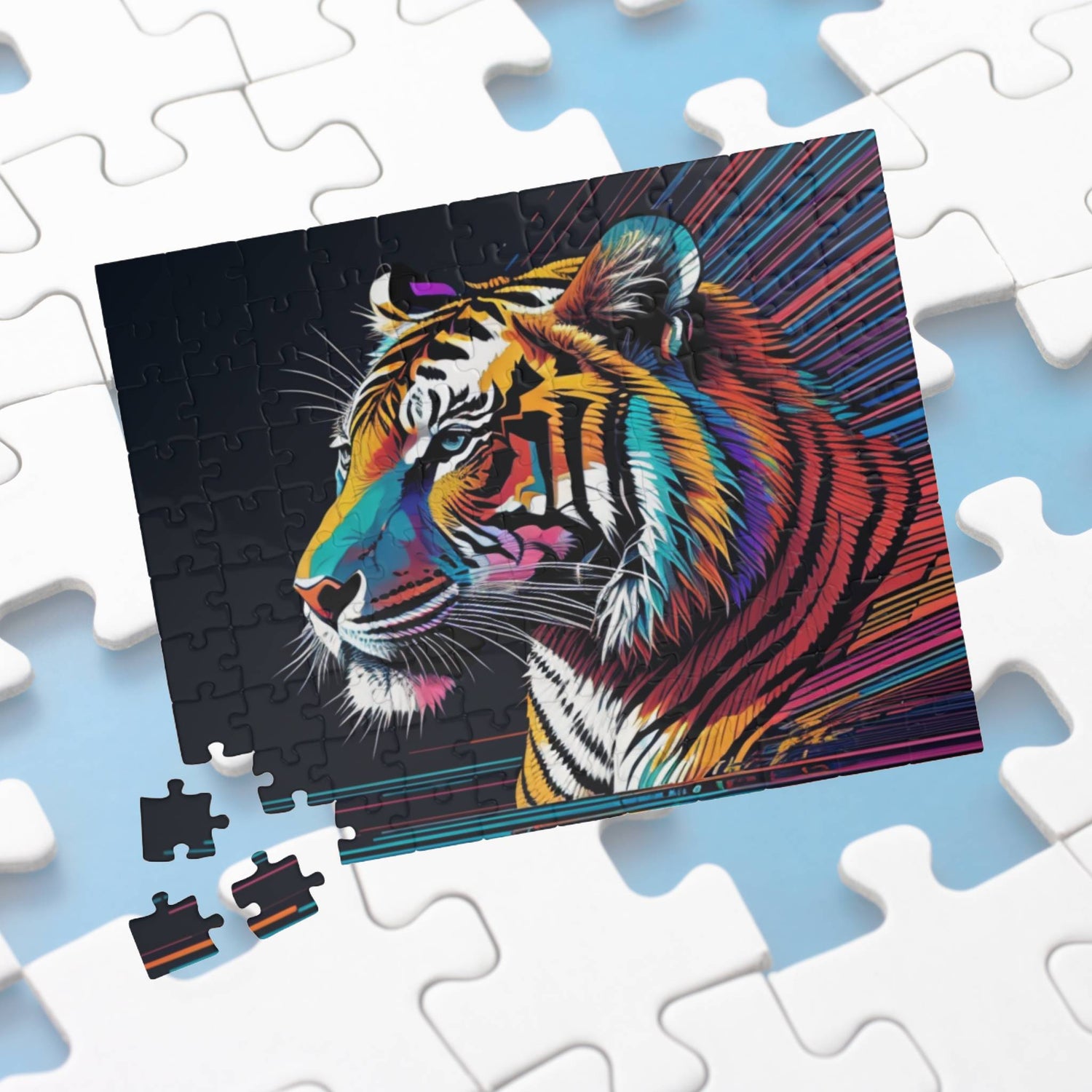 Tiger walking forward in a bold jungle setting, featured on a puzzle representing strength, focus, and personal growth