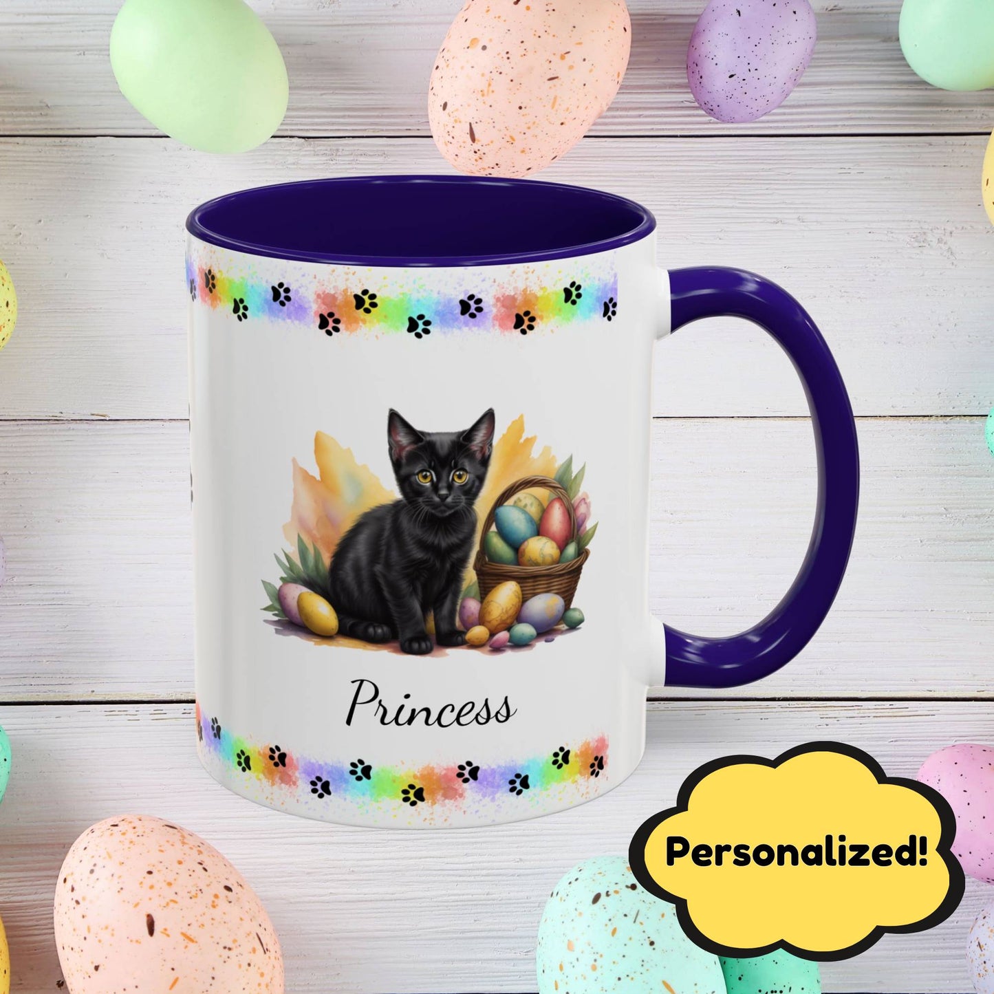 Bombay: Personalized Easter Kitten Coffee Mug - Adorable Cat Design, Mental Health Gift, 11oz & 15oz, 12 Color Choices, Easter Gifts & Décor