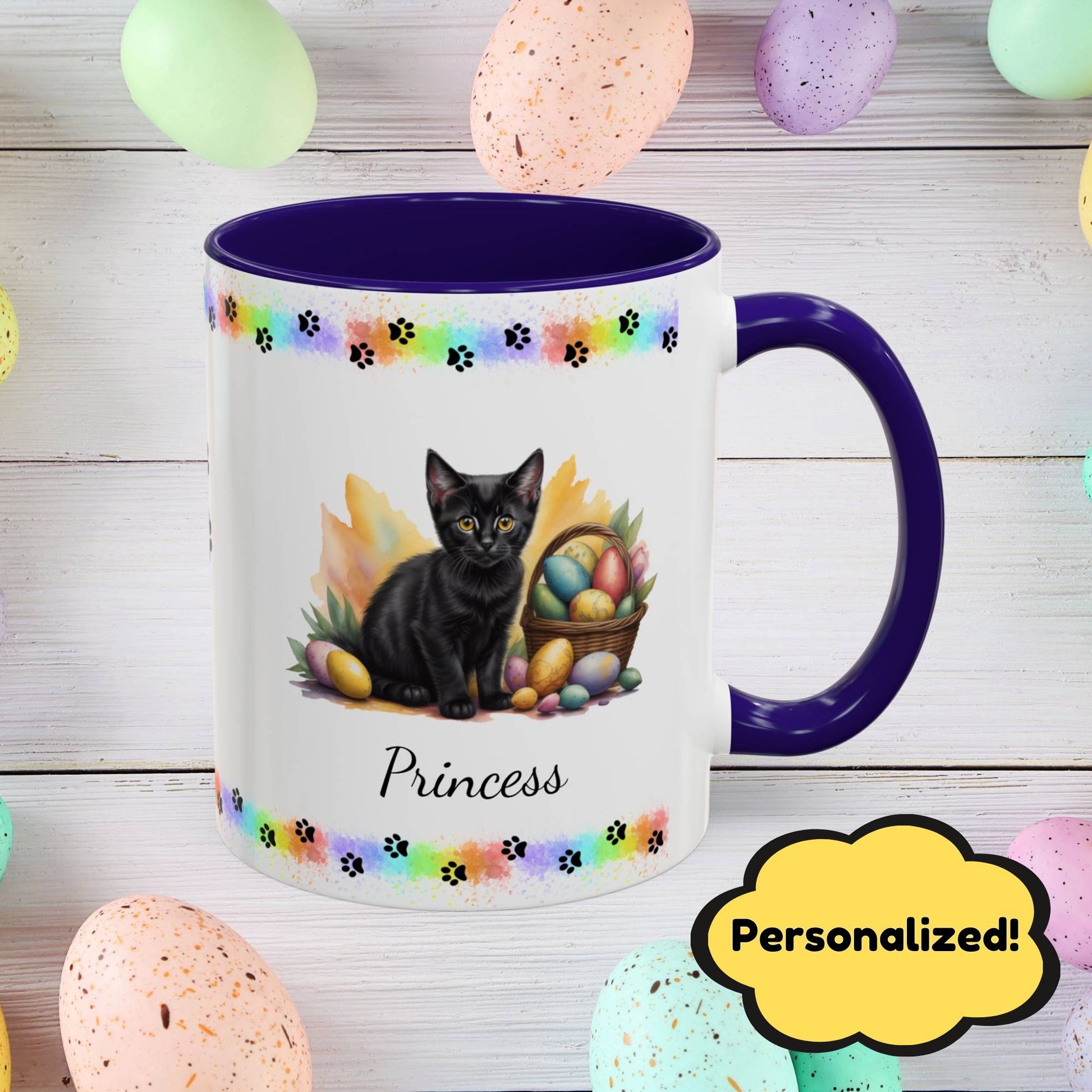 Bombay: Personalized Easter Kitten Coffee Mug - Adorable Cat Design, Mental Health Gift, 11oz & 15oz, 12 Color Choices, Easter Gifts & Décor