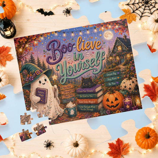 Boo-lieve in Yourself Halloween puzzle featuring ghost, black cat, affirmation books, and magical decor