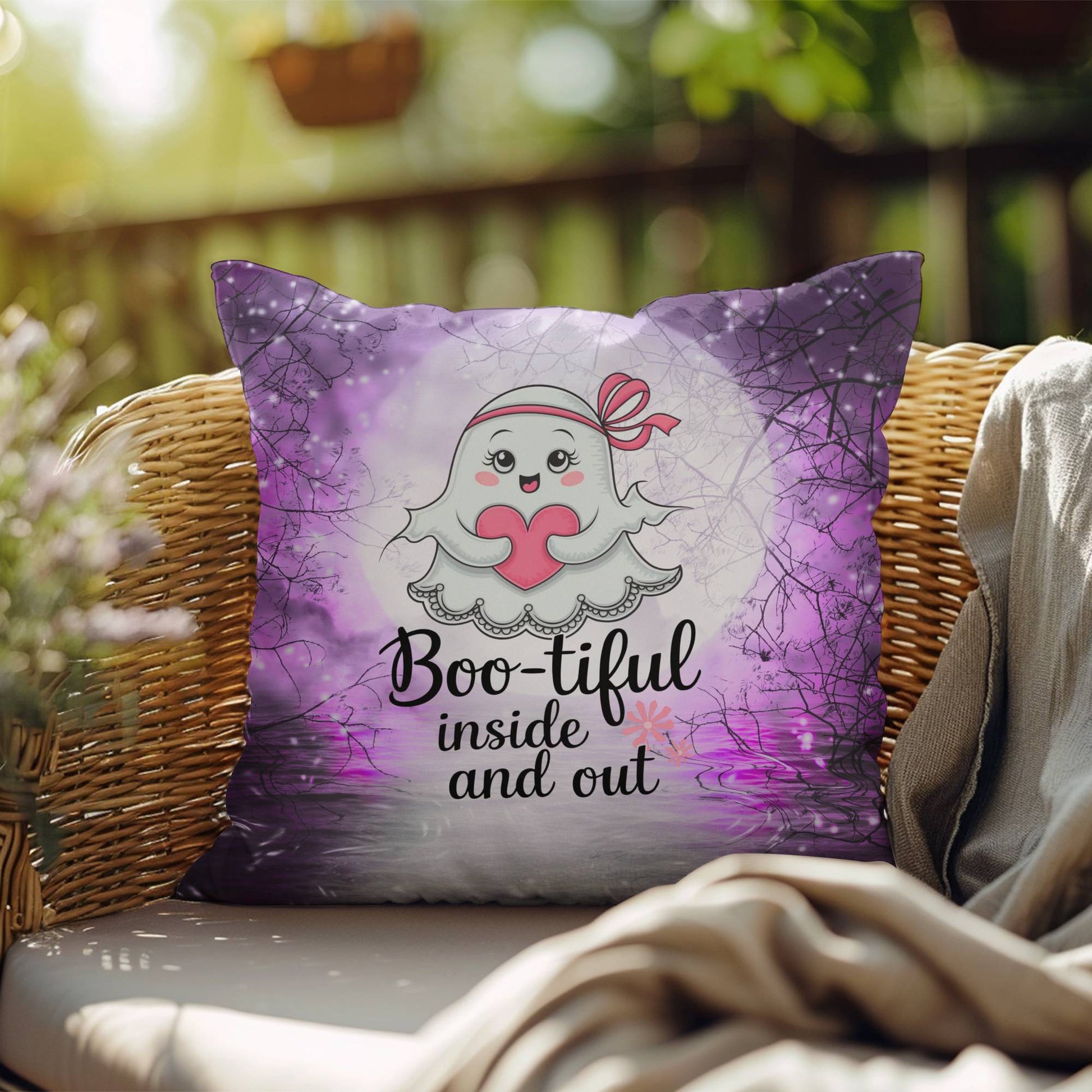 Indoor/outdoor Halloween pillow with “Boo-tiful Inside & Out” promoting positivity and self-love