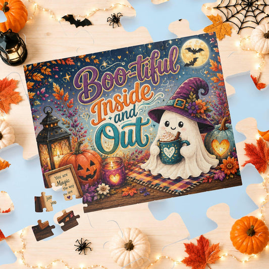Boo-tiful Inside and Out Halloween puzzle with ghost, heart mug, lantern, and positive affirmation sign