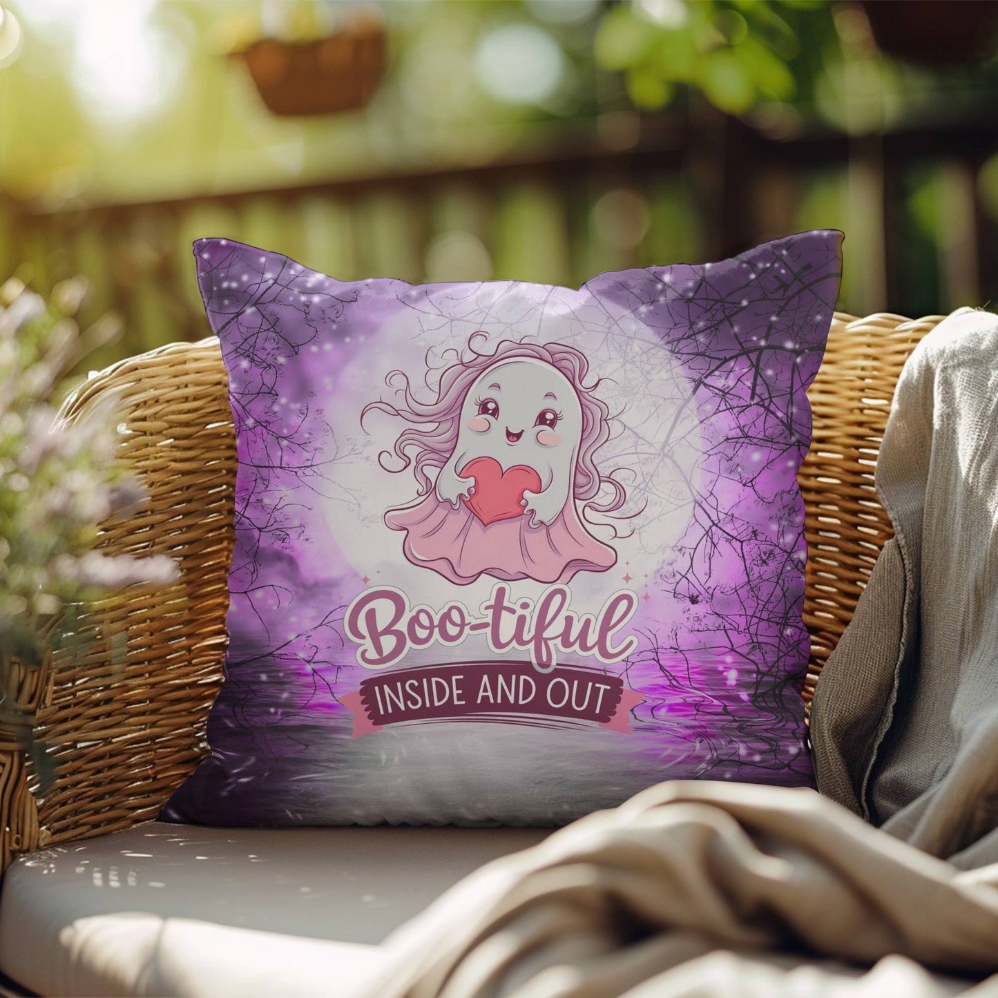 Halloween indoor/outdoor pillow with a cute ghost and “Boo-tiful” for mental health and seasonal charm