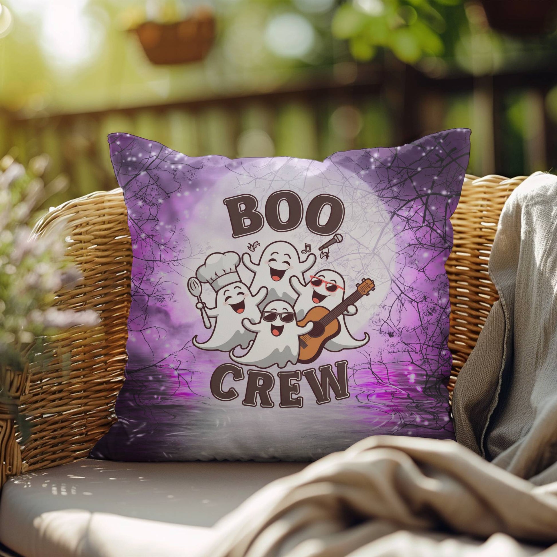 Halloween-themed indoor/outdoor throw pillow with “Boo Crew,” perfect for spooky home décor
