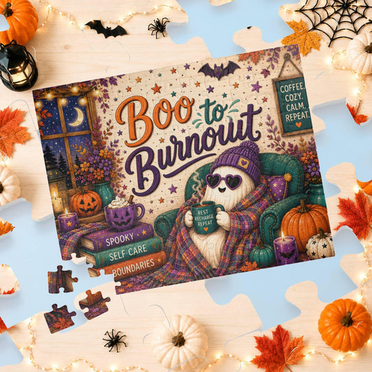 Boo to Burnout Halloween puzzle with ghost in beanie, self care books, and rest recharge repeat mug