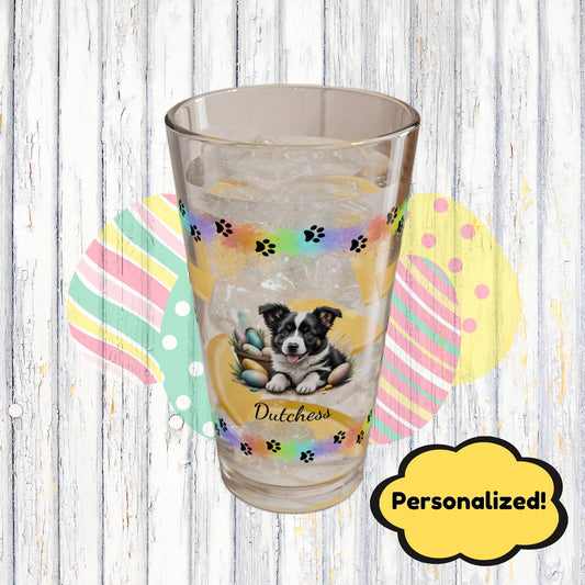 Border Collie (Black & White) Personalized Easter Puppy 16oz Pint Glass - Custom Dog Design, Mental Health Gift, Easter Décor, and Festive Celebrations