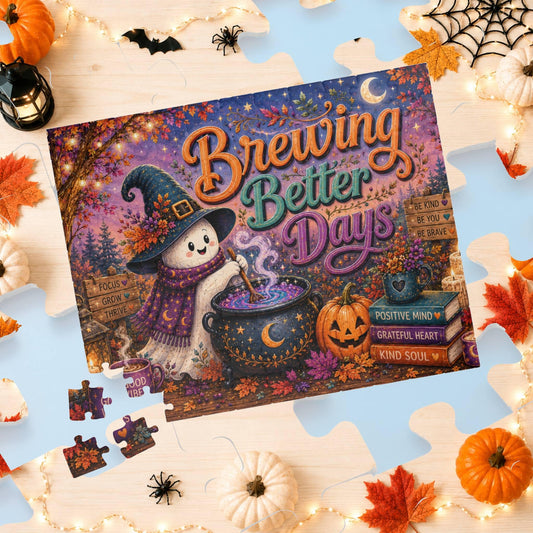 Brewing Better Days Halloween puzzle with ghost stirring cauldron, good vibes mug, and affirmation books